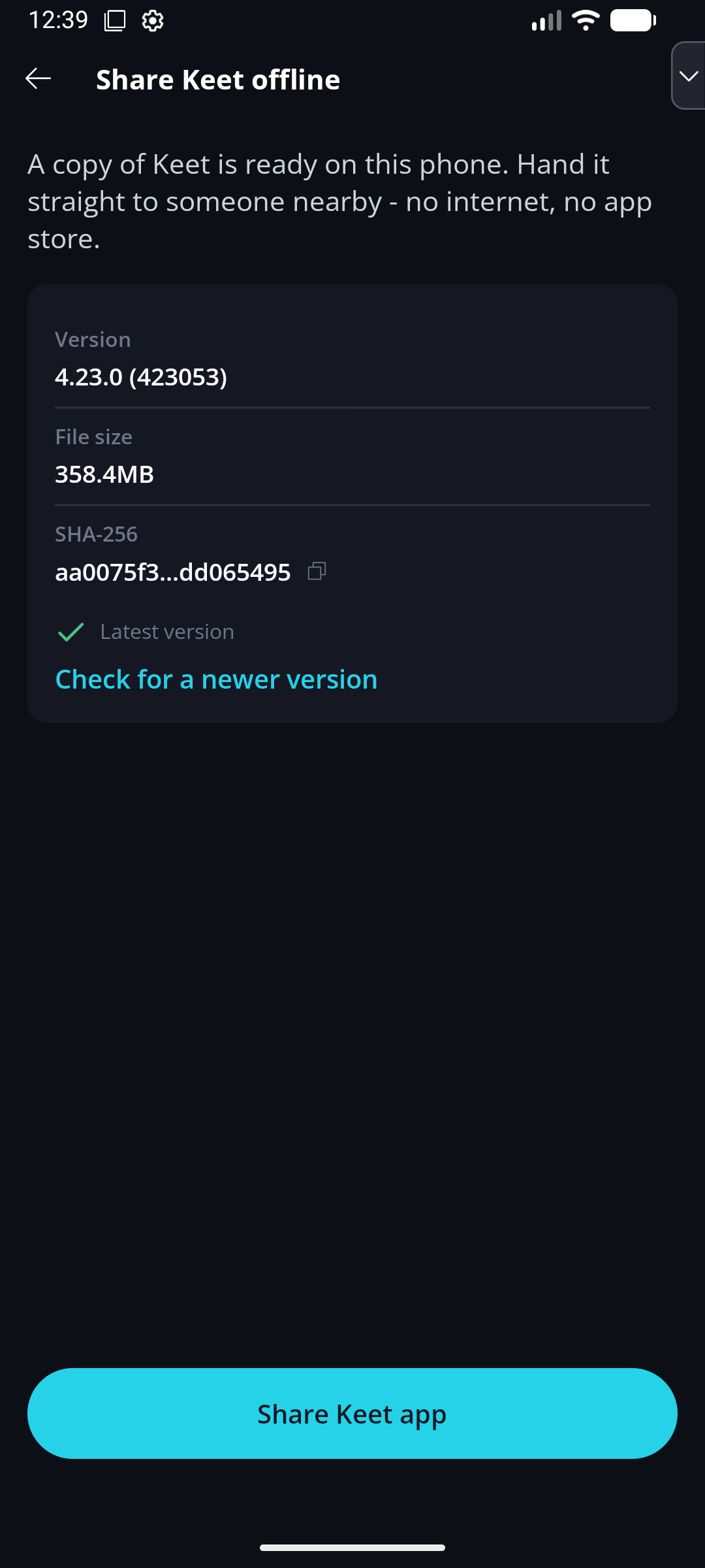 Moving to the New Android APK Build · Save a copy Share Keet offline screen showing a saved copy of Keet marked as the latest version.